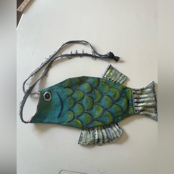 Fish bag, handmade and hand-painted, recycled denim, with a lining and  pocket. - Picture 1 of 8